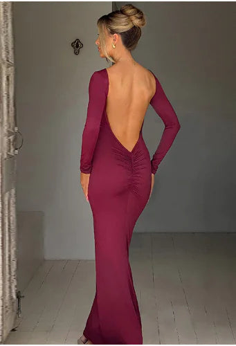 Backless Pleated Slim Solid Color Fashion Dress