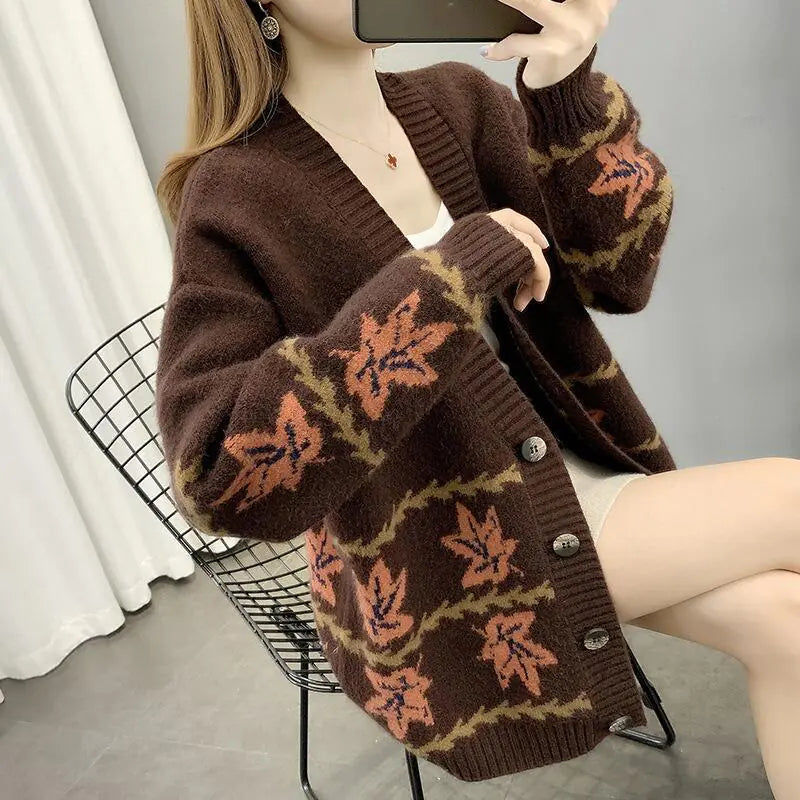 Maple Leaf Jacquard Knitted Loose Women's Cardigan
