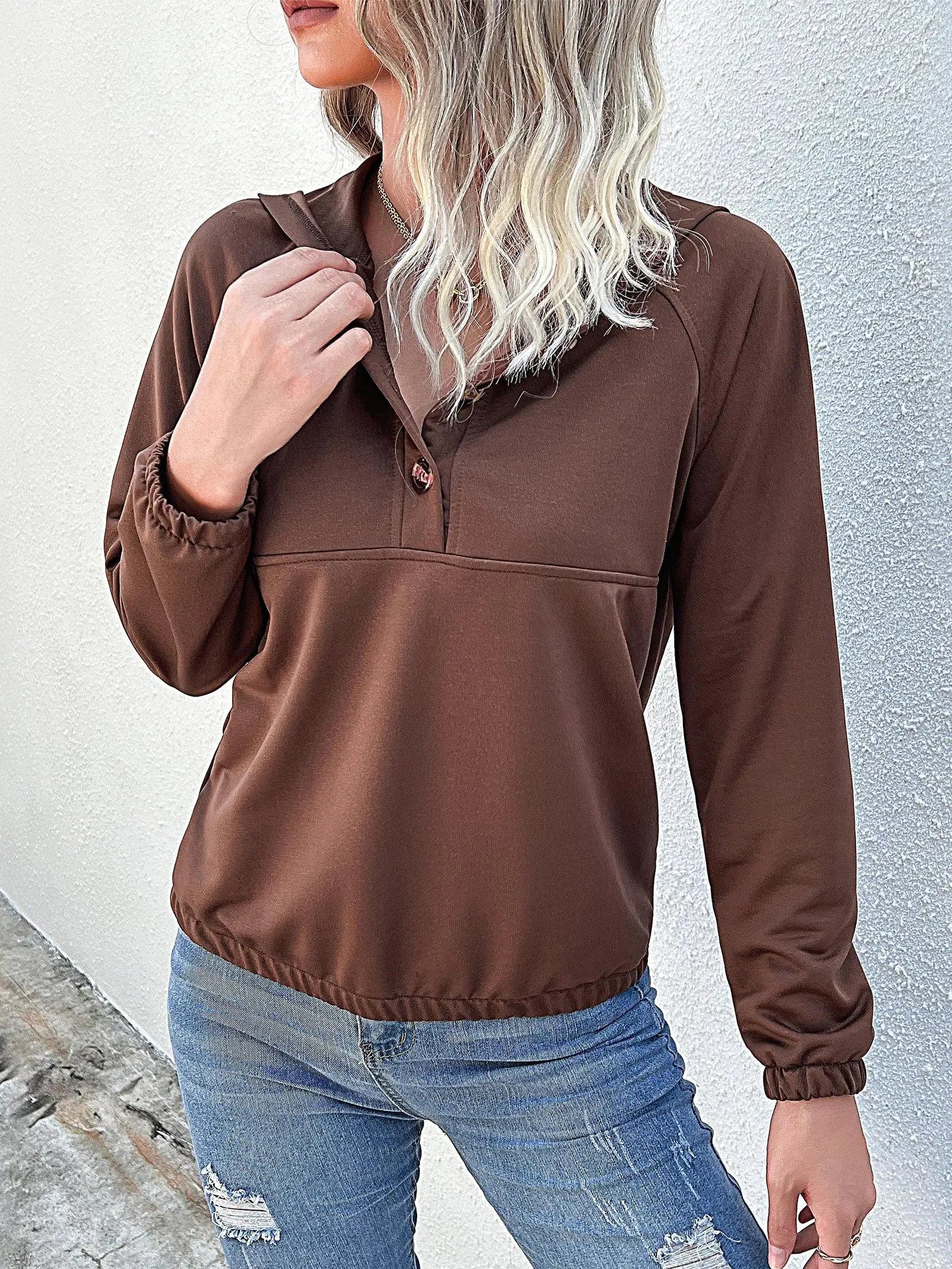Casual Hooded Button Patchwork Pullover Sweatshirt