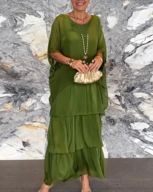 GraceFlow™ Elegant Layered Maxi Dress – Round Neck, Bat Sleeve, Plus Size Chic for Spring & Summer