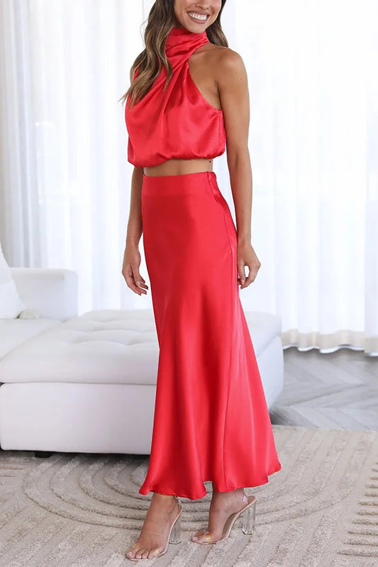 Satin Elegance: Women’s Two-Piece Sleeveless Long Skirt Set