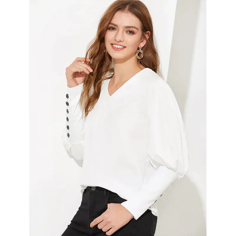 V-Neck Lantern Sleeve Loose Button-Up Shirt