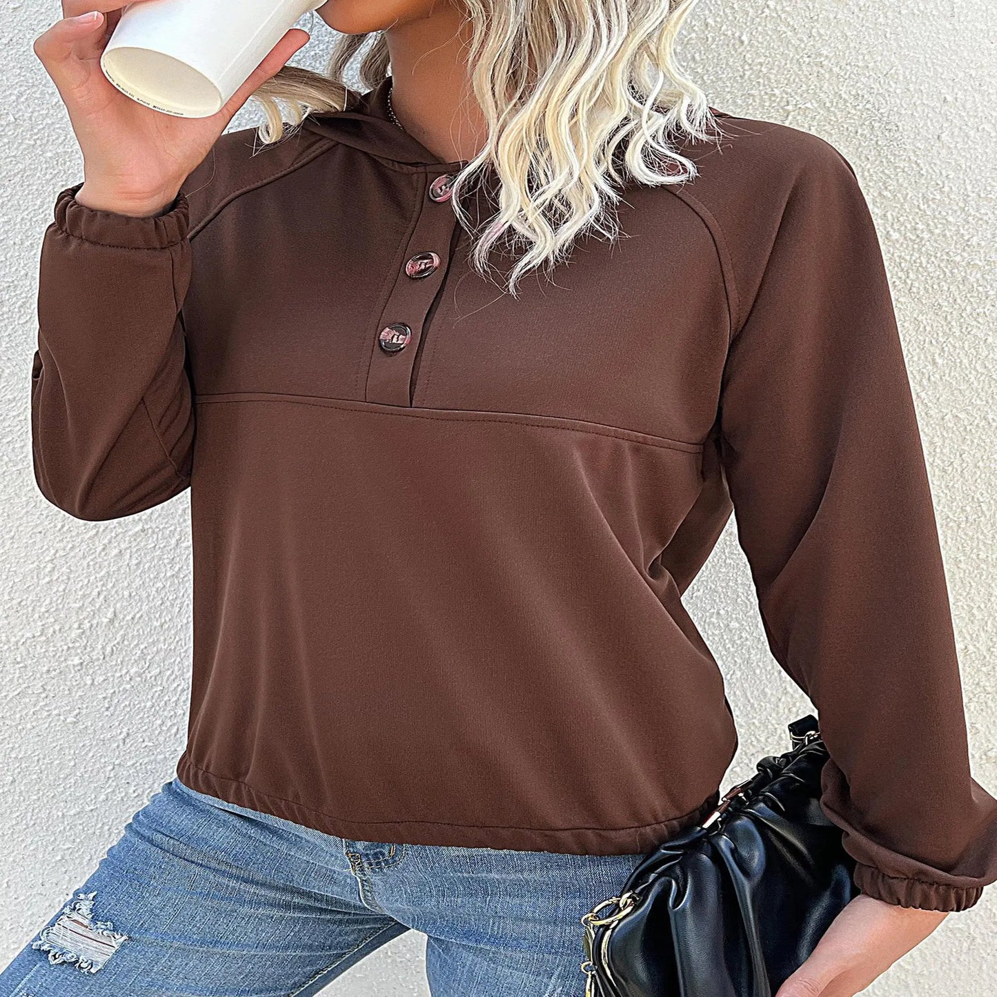 Casual Hooded Button Patchwork Pullover Sweatshirt