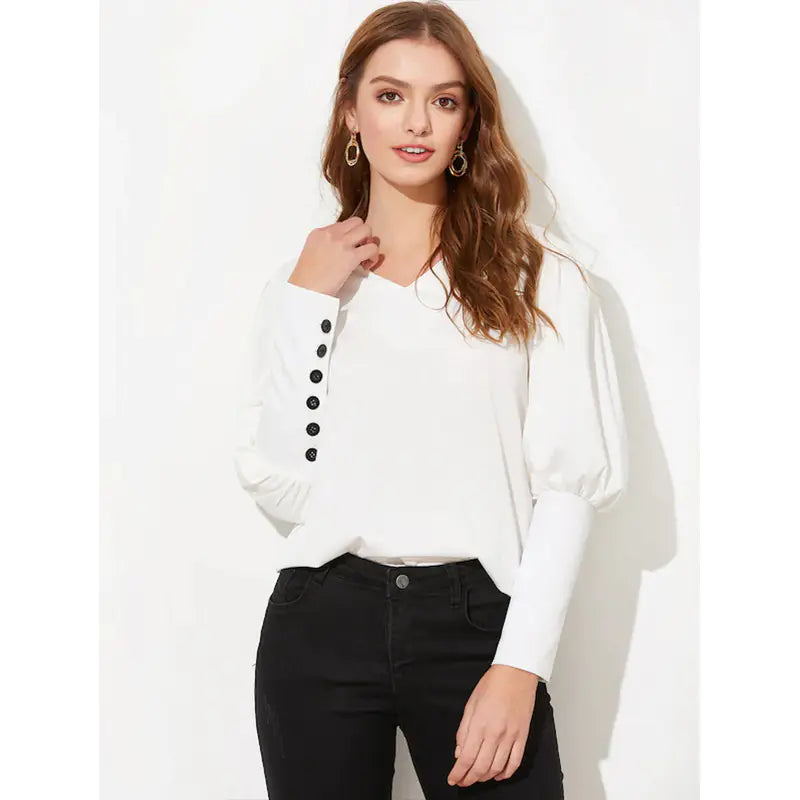 V-Neck Lantern Sleeve Loose Button-Up Shirt