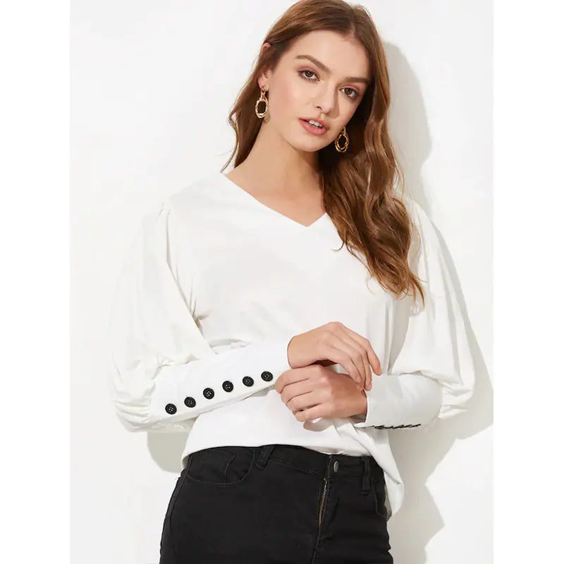 V-Neck Lantern Sleeve Loose Button-Up Shirt