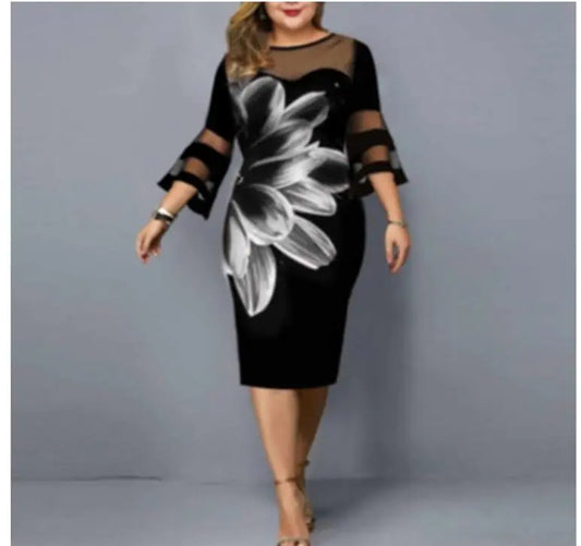 Plus Size 5XL Vintage Floral Mesh Patchwork Dress
